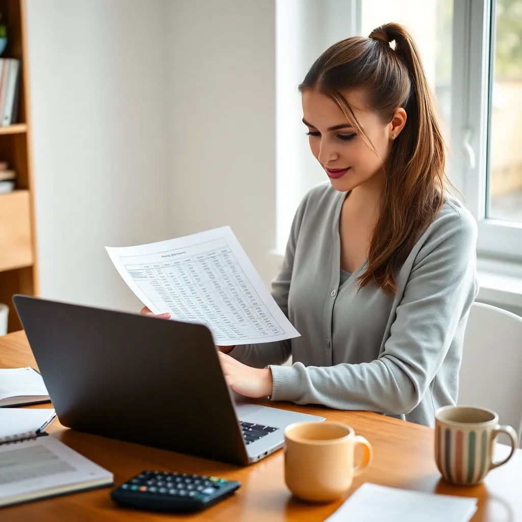 Kobieta planująca budżet domowy przy biurku z laptopem i notatnikiem